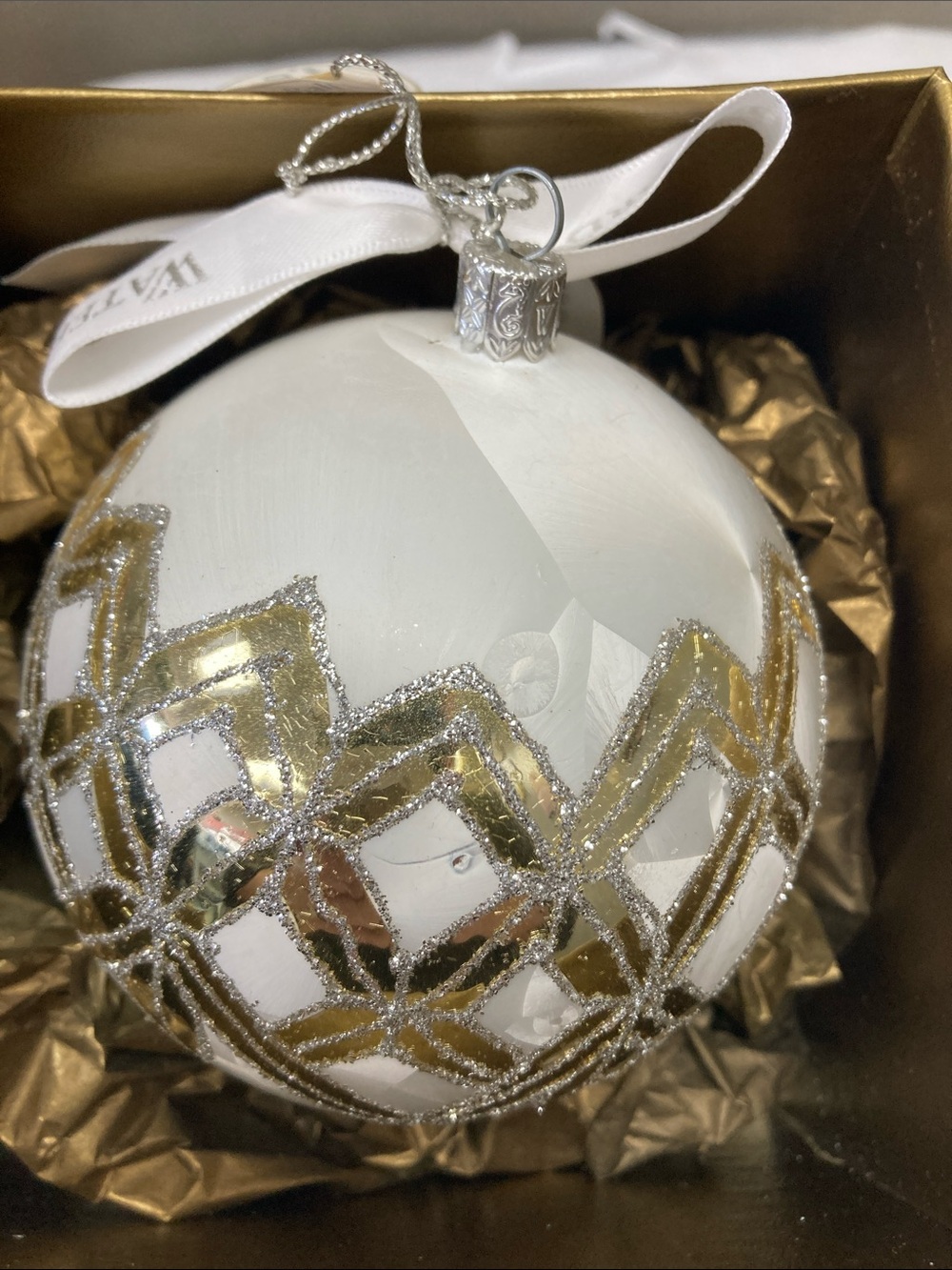 White and Gold Glass Holiday Ornament - Elegant Decorative Bauble